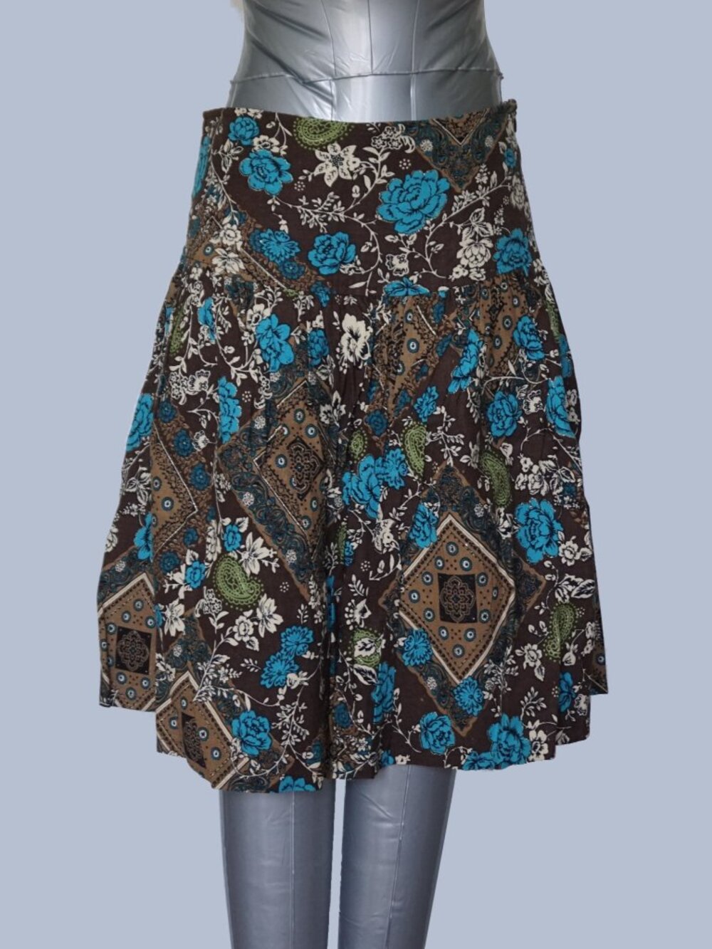 Women's Brown Blue Floral Boho A-Line Skirt Lined Side Zip Petite S